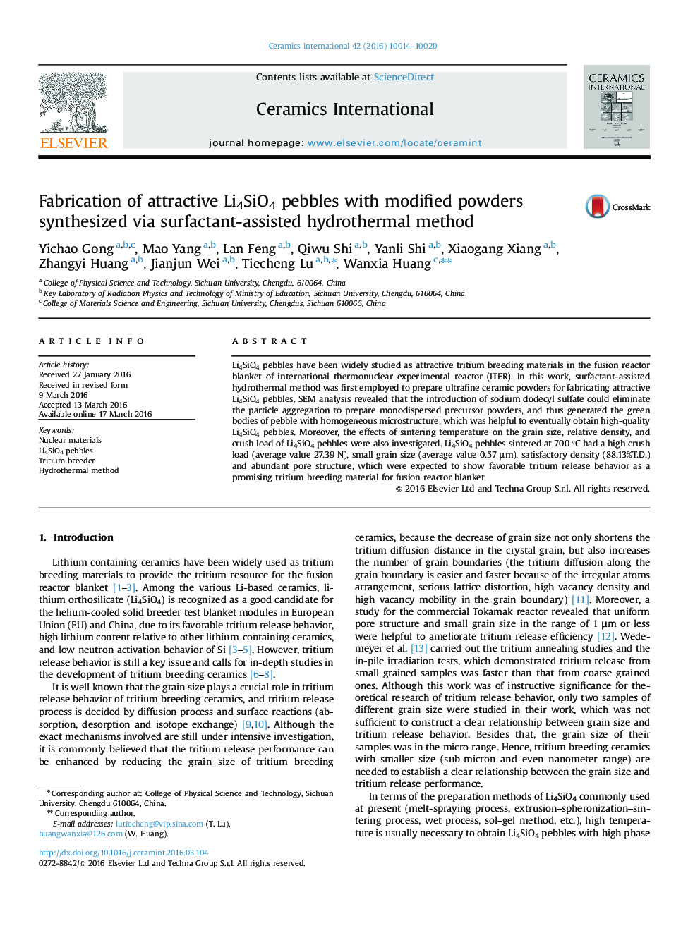 Fabrication of attractive Li4SiO4 pebbles with modified powders synthesized via surfactant-assisted hydrothermal method