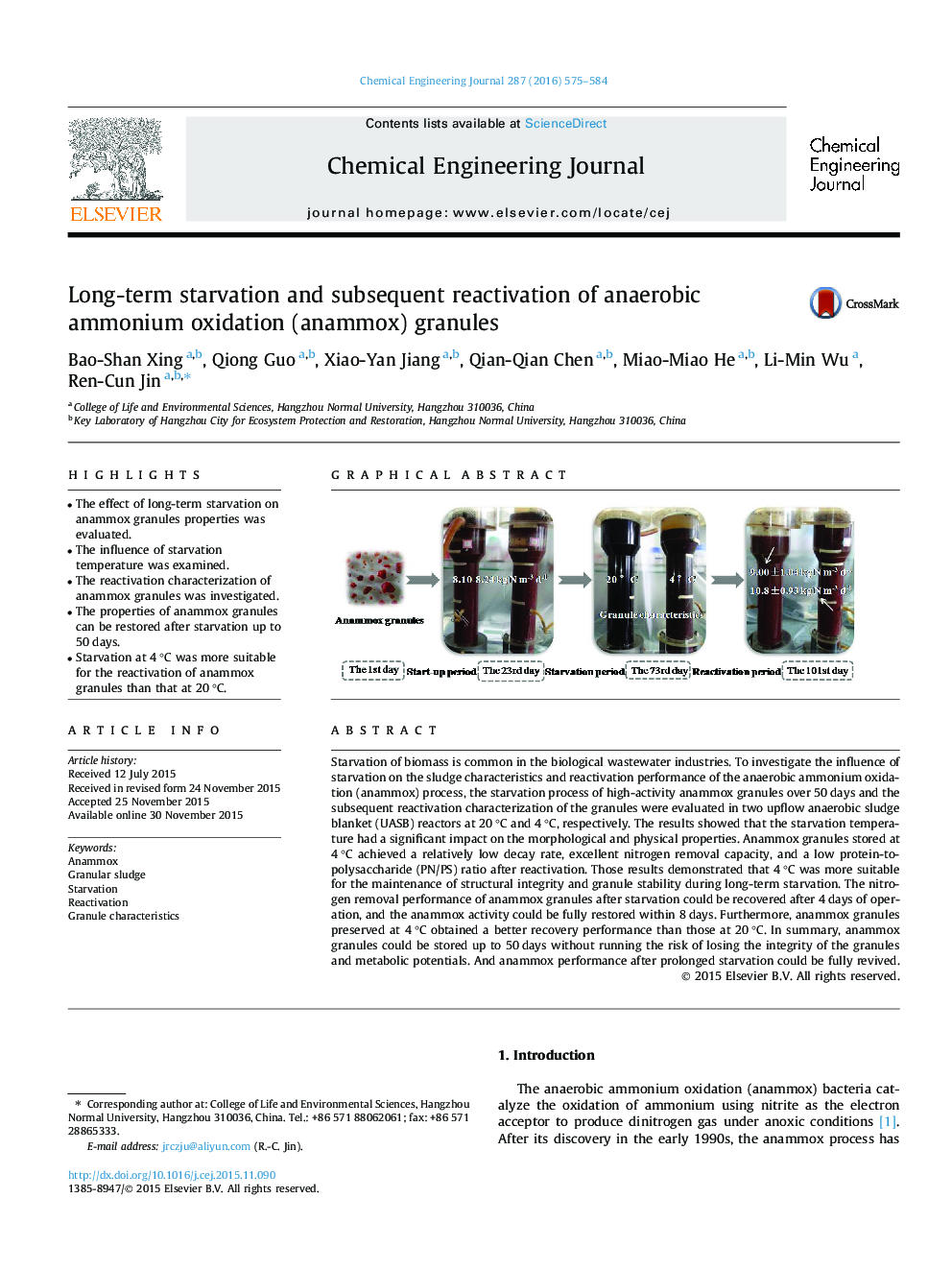 Long-term starvation and subsequent reactivation of anaerobic ammonium oxidation (anammox) granules