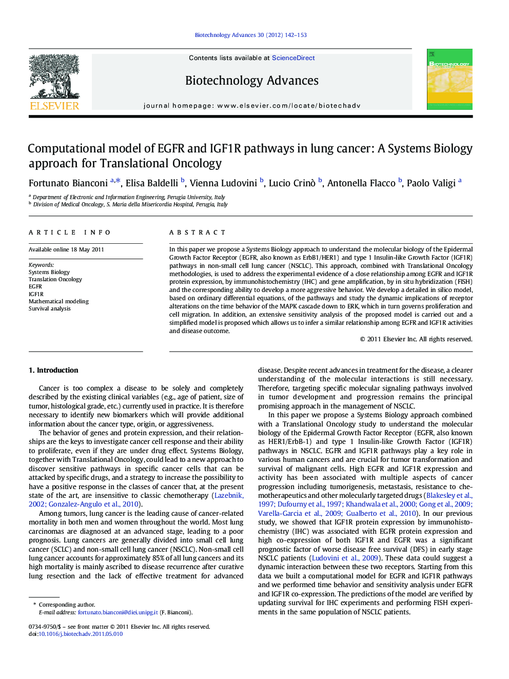 Computational model of EGFR and IGF1R pathways in lung cancer: A Systems Biology approach for Translational Oncology