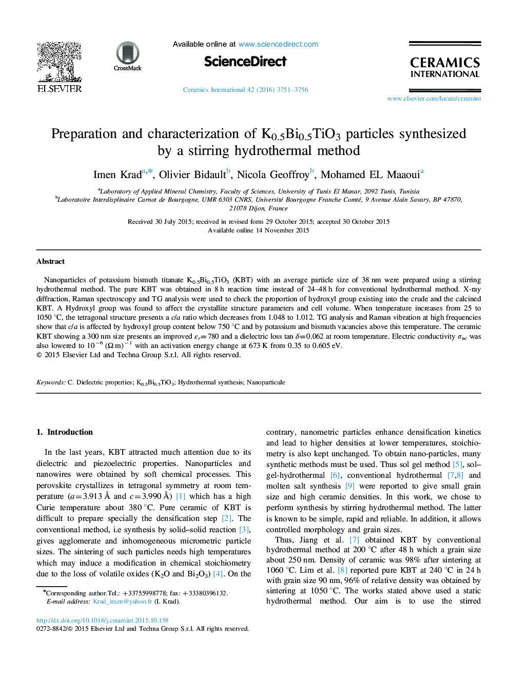 Preparation and characterization of K0.5Bi0.5TiO3 particles synthesized by a stirring hydrothermal method