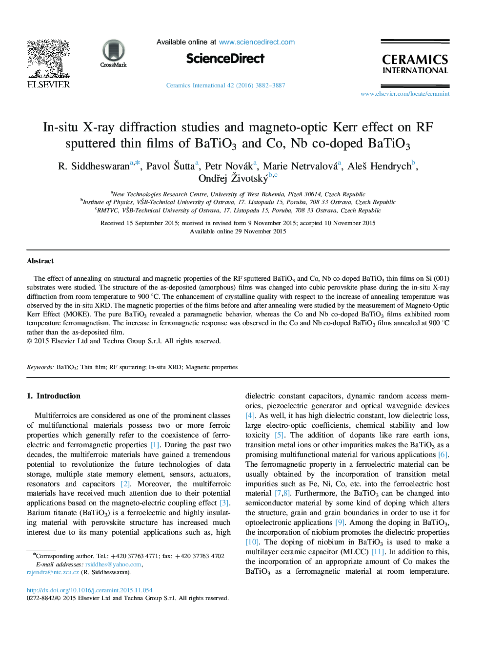 In-situ X-ray diffraction studies and magneto-optic Kerr effect on RF sputtered thin films of BaTiO3 and Co, Nb co-doped BaTiO3