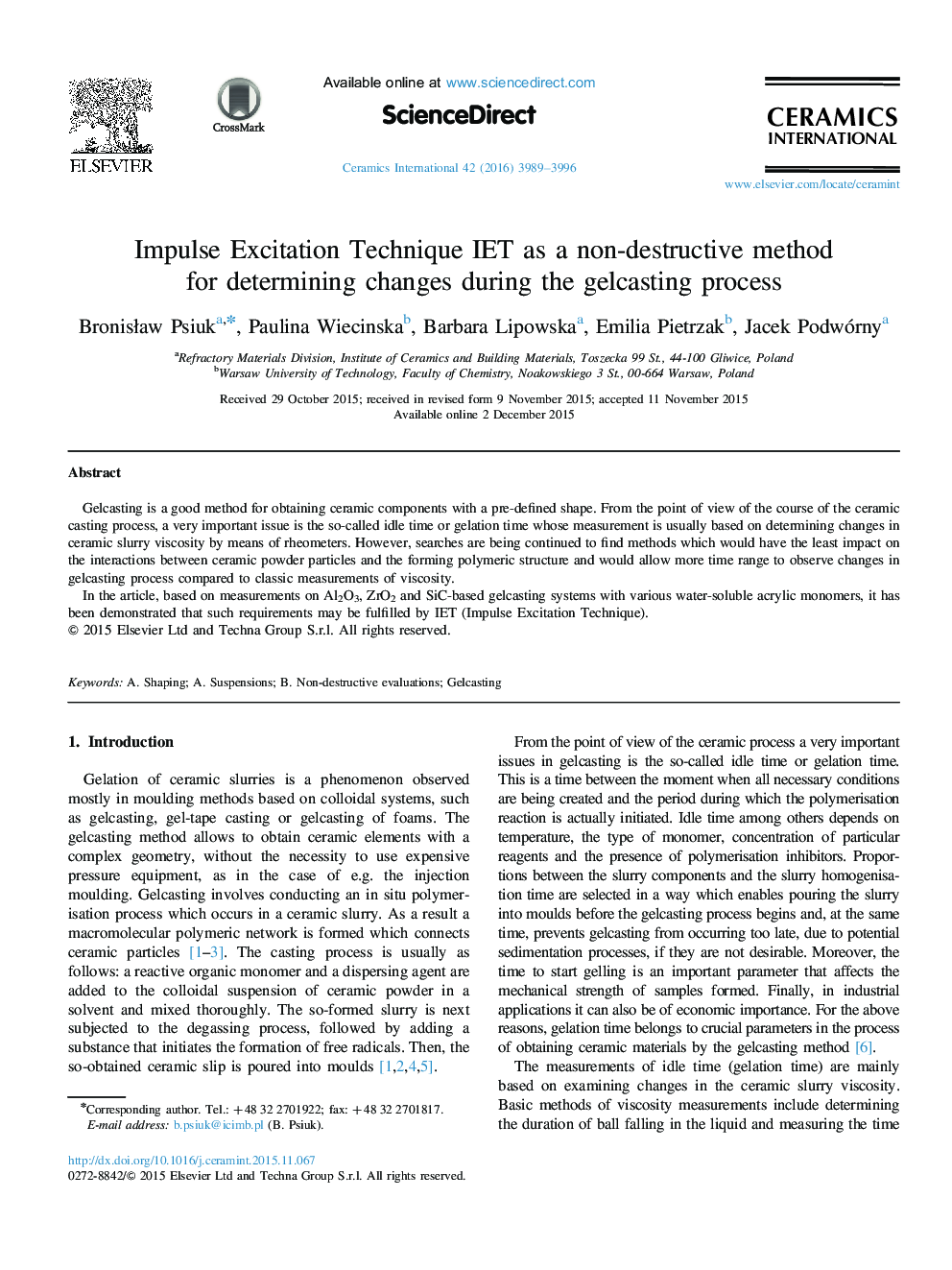 Impulse Excitation Technique IET as a non-destructive method for determining changes during the gelcasting process