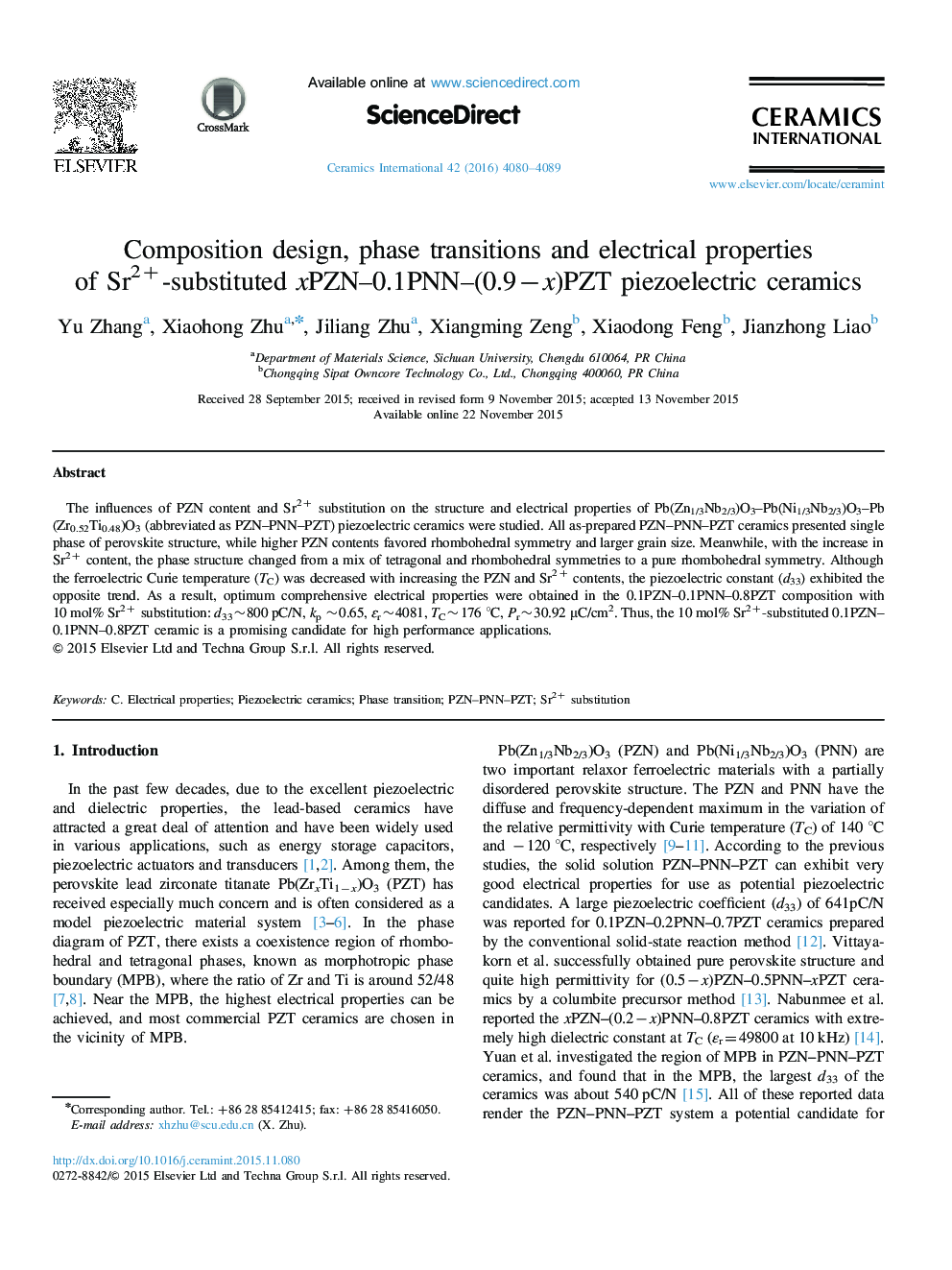 Composition design, phase transitions and electrical properties of Sr2+-substituted xPZN–0.1PNN–(0.9−x)PZT piezoelectric ceramics