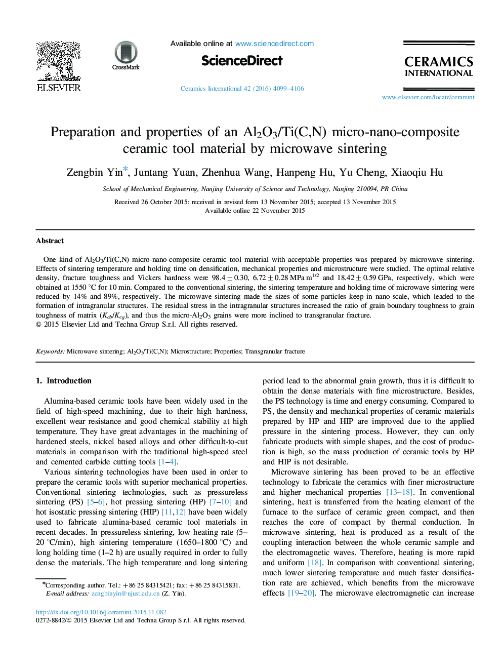 Preparation and properties of an Al2O3/Ti(C,N) micro-nano-composite ceramic tool material by microwave sintering