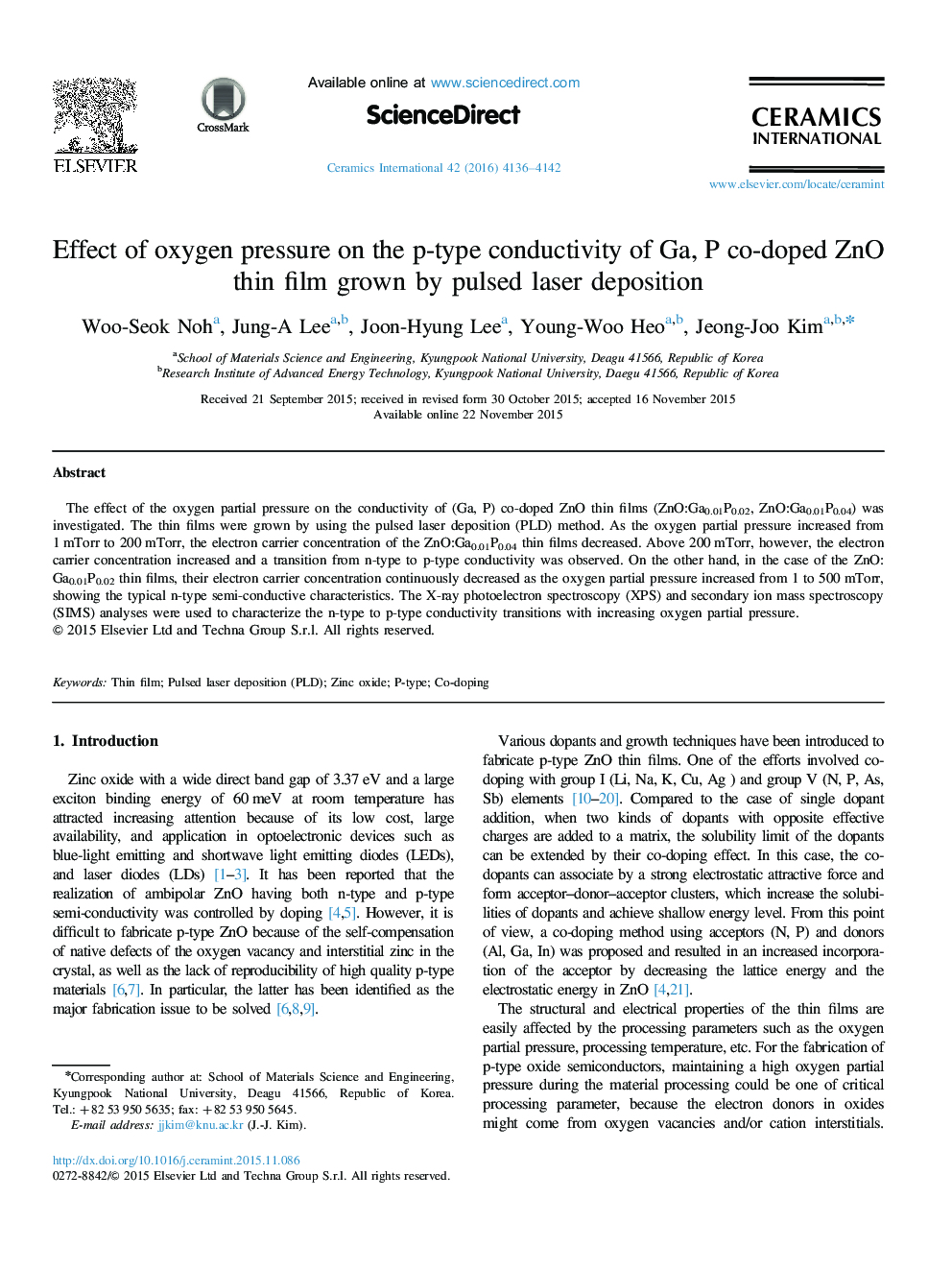 Effect of oxygen pressure on the p-type conductivity of Ga, P co-doped ZnO thin film grown by pulsed laser deposition