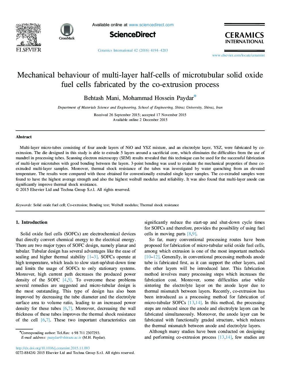 Mechanical behaviour of multi-layer half-cells of microtubular solid oxide fuel cells fabricated by the co-extrusion process