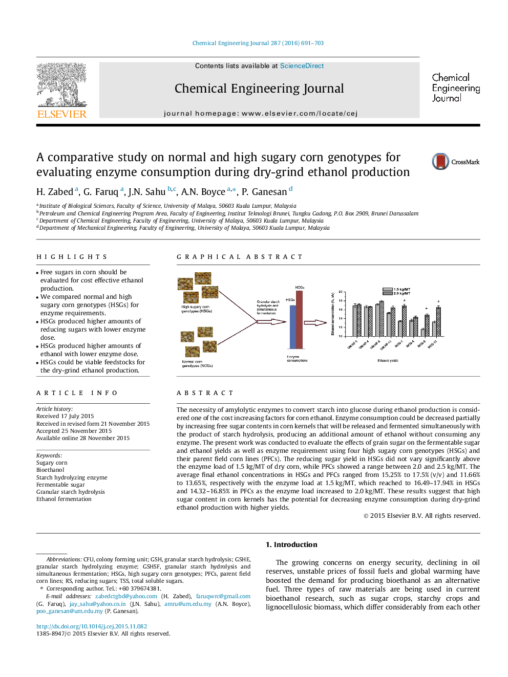 A comparative study on normal and high sugary corn genotypes for evaluating enzyme consumption during dry-grind ethanol production