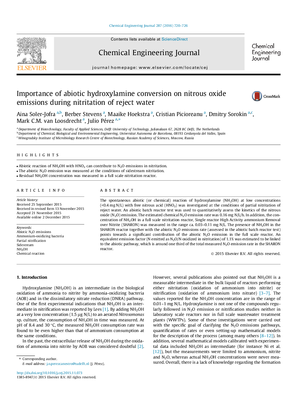 Importance of abiotic hydroxylamine conversion on nitrous oxide emissions during nitritation of reject water