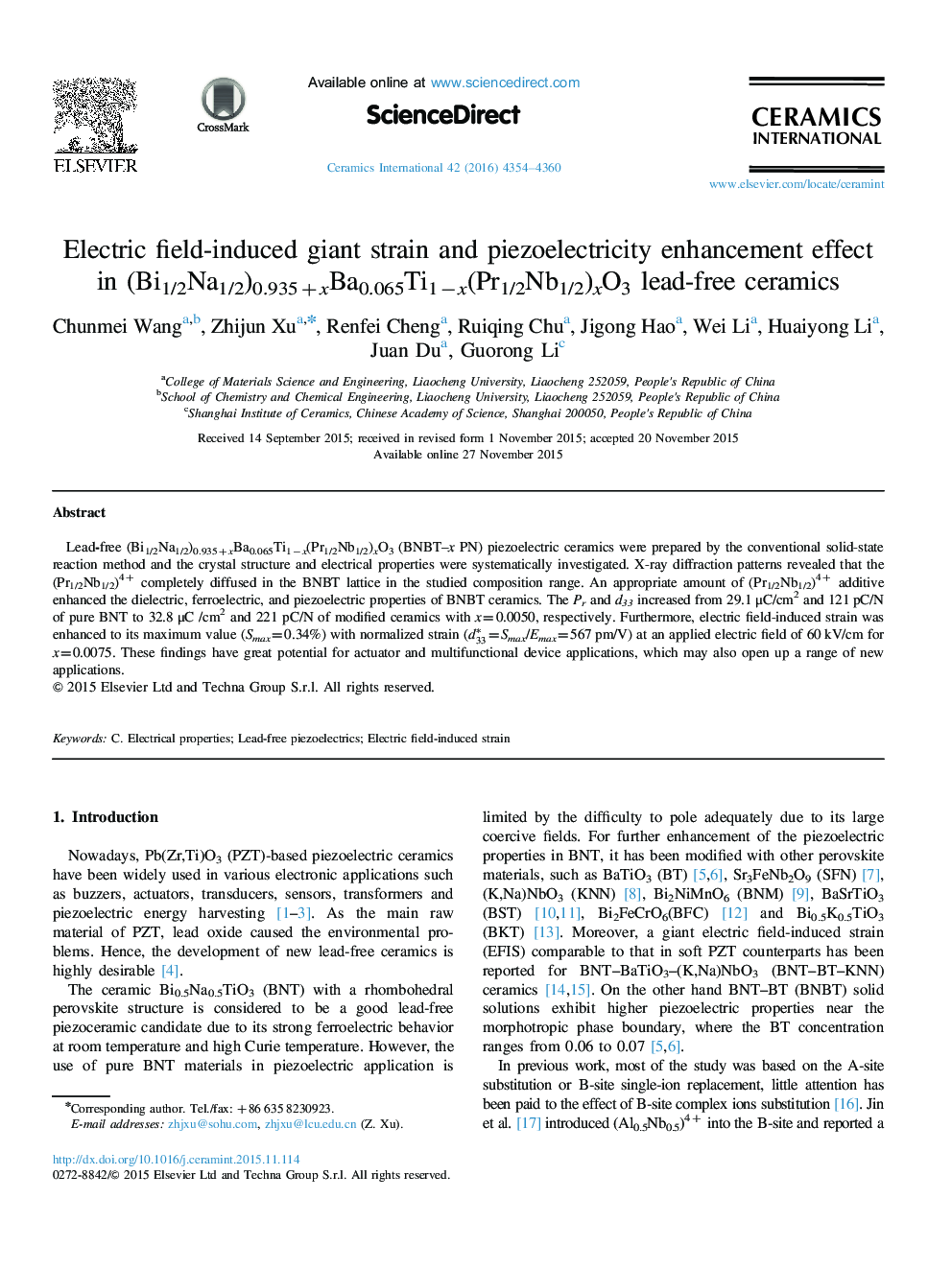 Electric field-induced giant strain and piezoelectricity enhancement effect in (Bi1/2Na1/2)0.935+xBa0.065Ti1−x(Pr1/2Nb1/2)xO3 lead-free ceramics