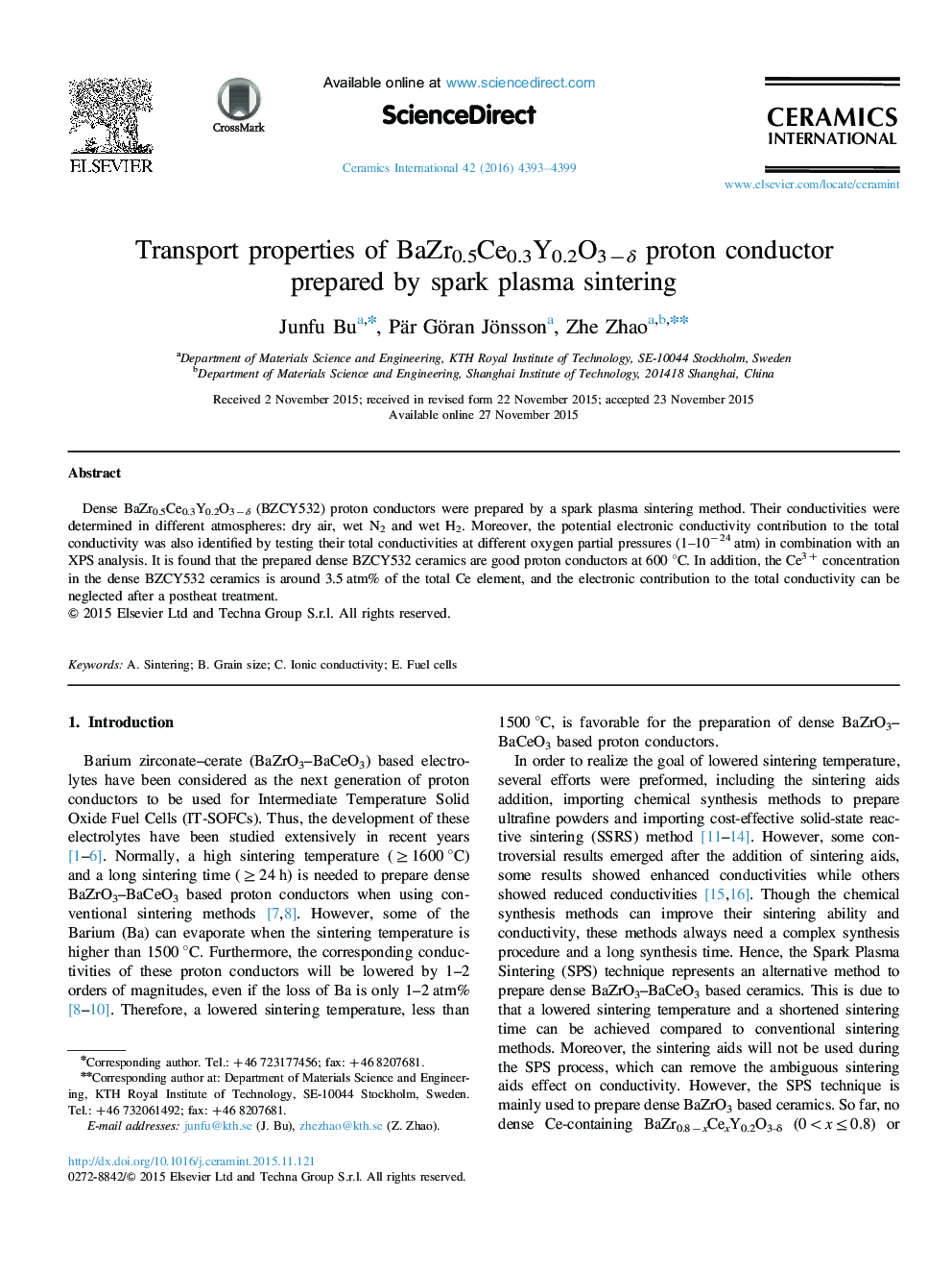 Transport properties of BaZr0.5Ce0.3Y0.2O3−δ proton conductor prepared by spark plasma sintering