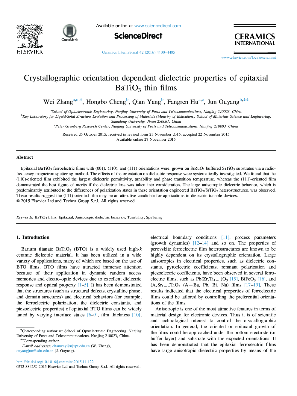 Crystallographic orientation dependent dielectric properties of epitaxial BaTiO3 thin films