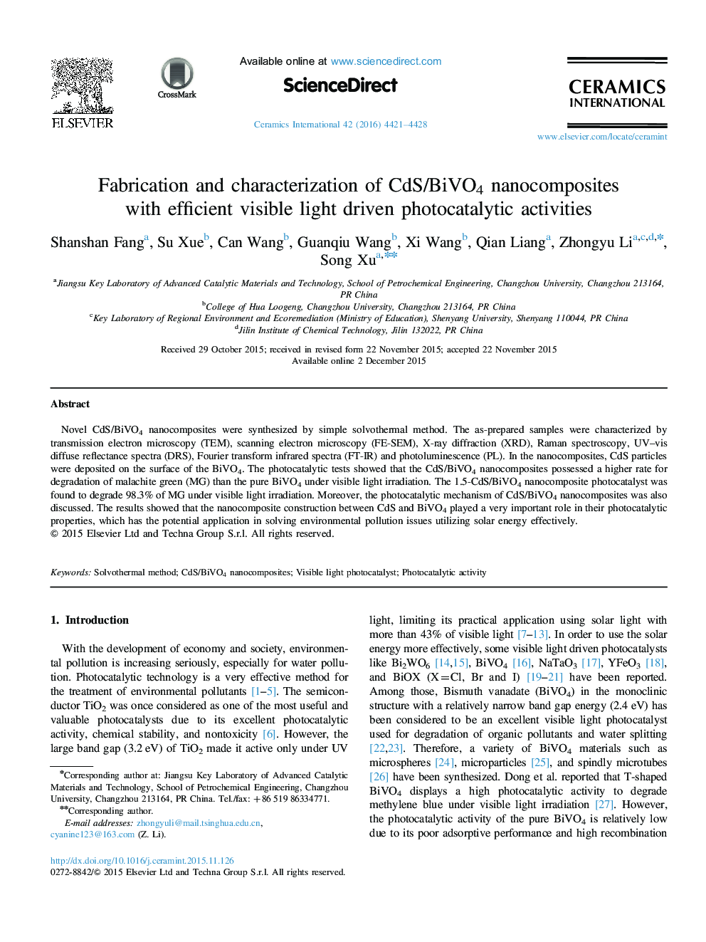 Fabrication and characterization of CdS/BiVO4 nanocomposites with efficient visible light driven photocatalytic activities