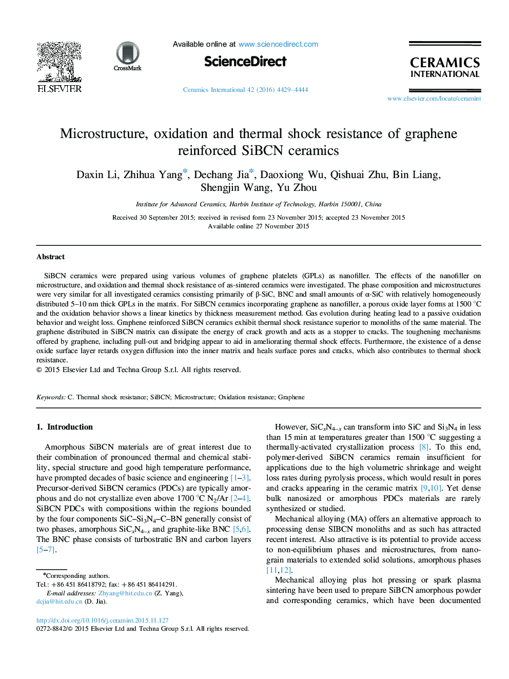 Microstructure, oxidation and thermal shock resistance of graphene reinforced SiBCN ceramics