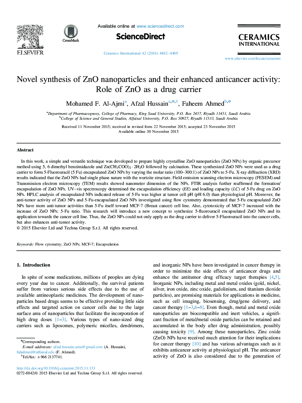 Novel synthesis of ZnO nanoparticles and their enhanced anticancer activity: Role of ZnO as a drug carrier