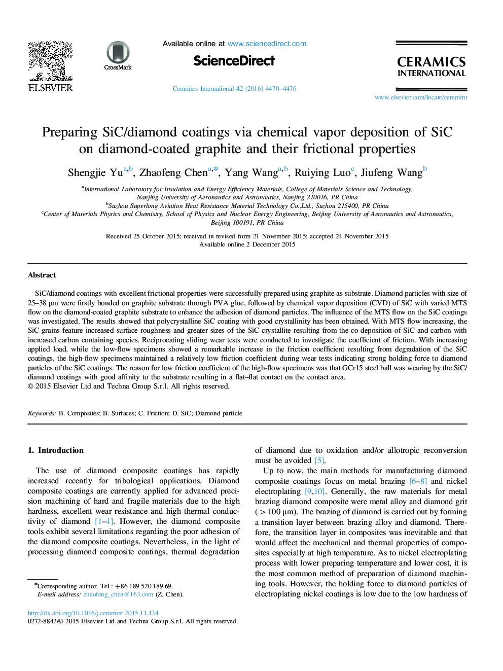 Preparing SiC/diamond coatings via chemical vapor deposition of SiC on diamond-coated graphite and their frictional properties