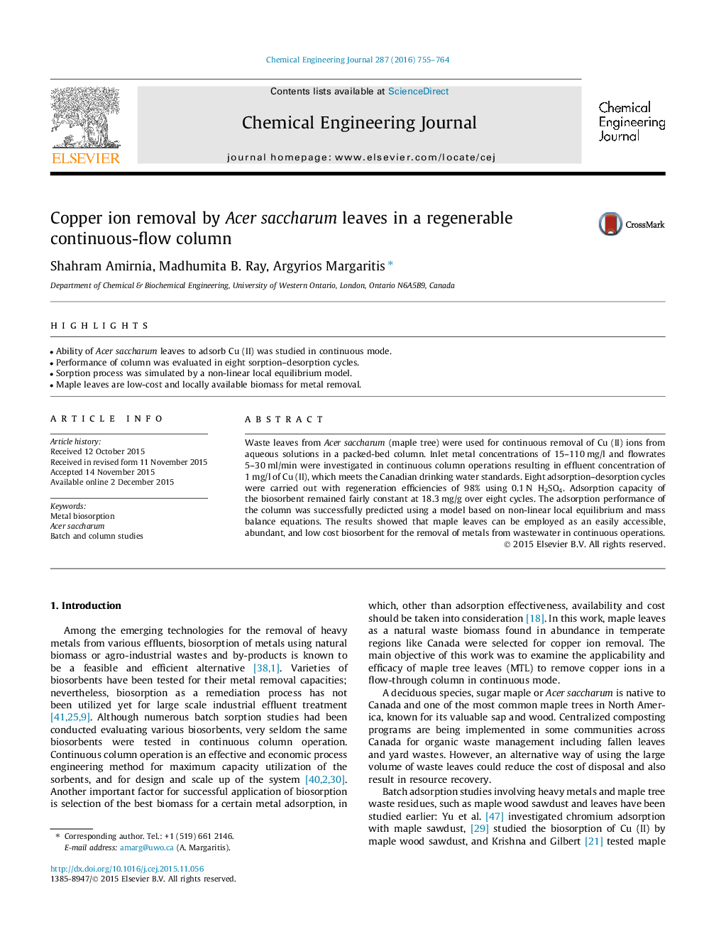 Copper ion removal by Acer saccharum leaves in a regenerable continuous-flow column