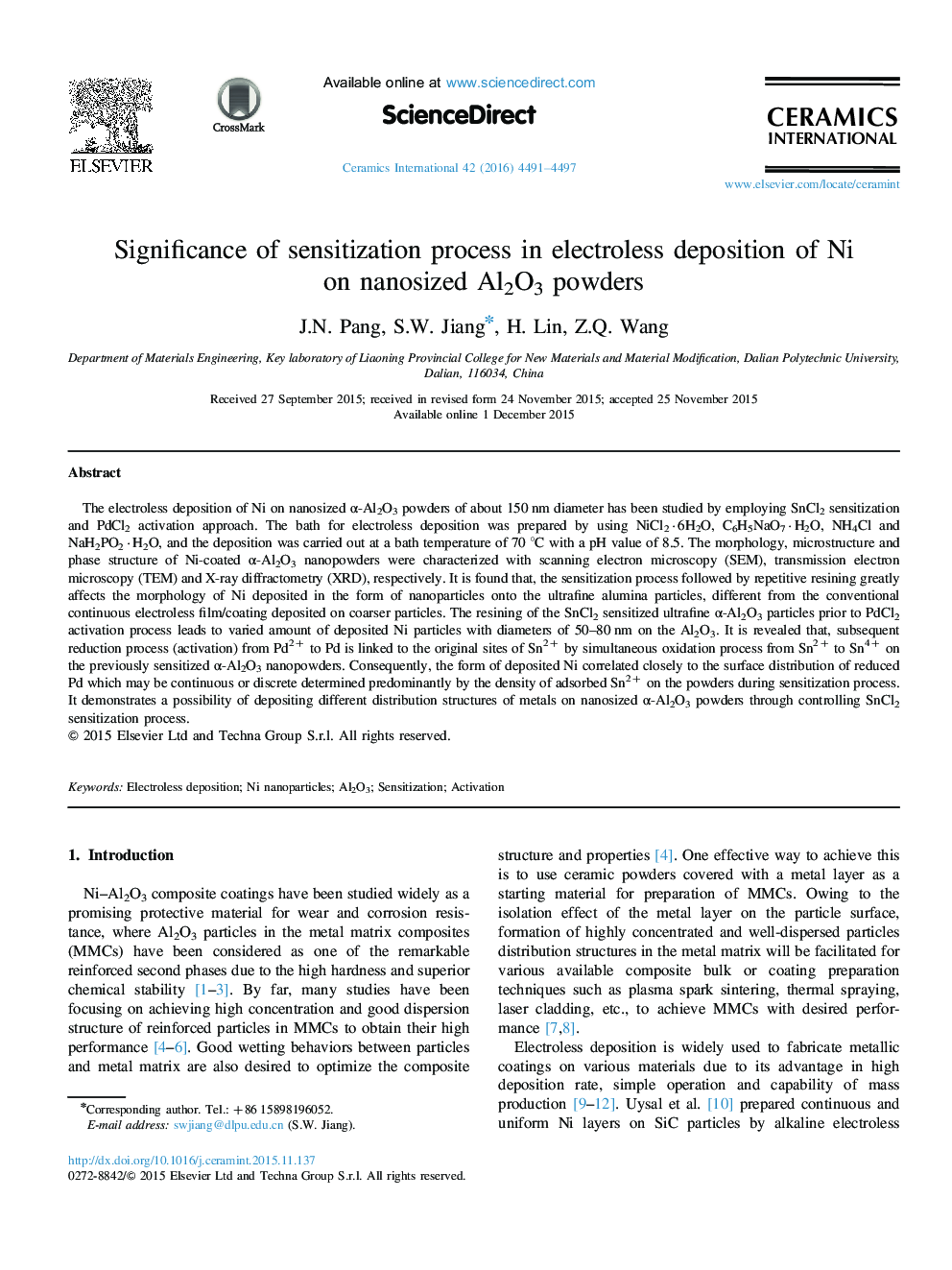 Significance of sensitization process in electroless deposition of Ni on nanosized Al2O3 powders