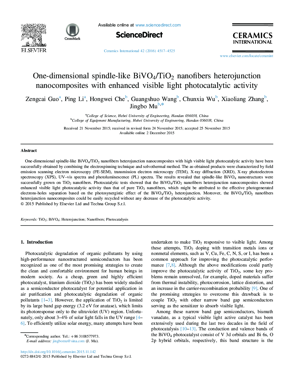 One-dimensional spindle-like BiVO4/TiO2 nanofibers heterojunction nanocomposites with enhanced visible light photocatalytic activity