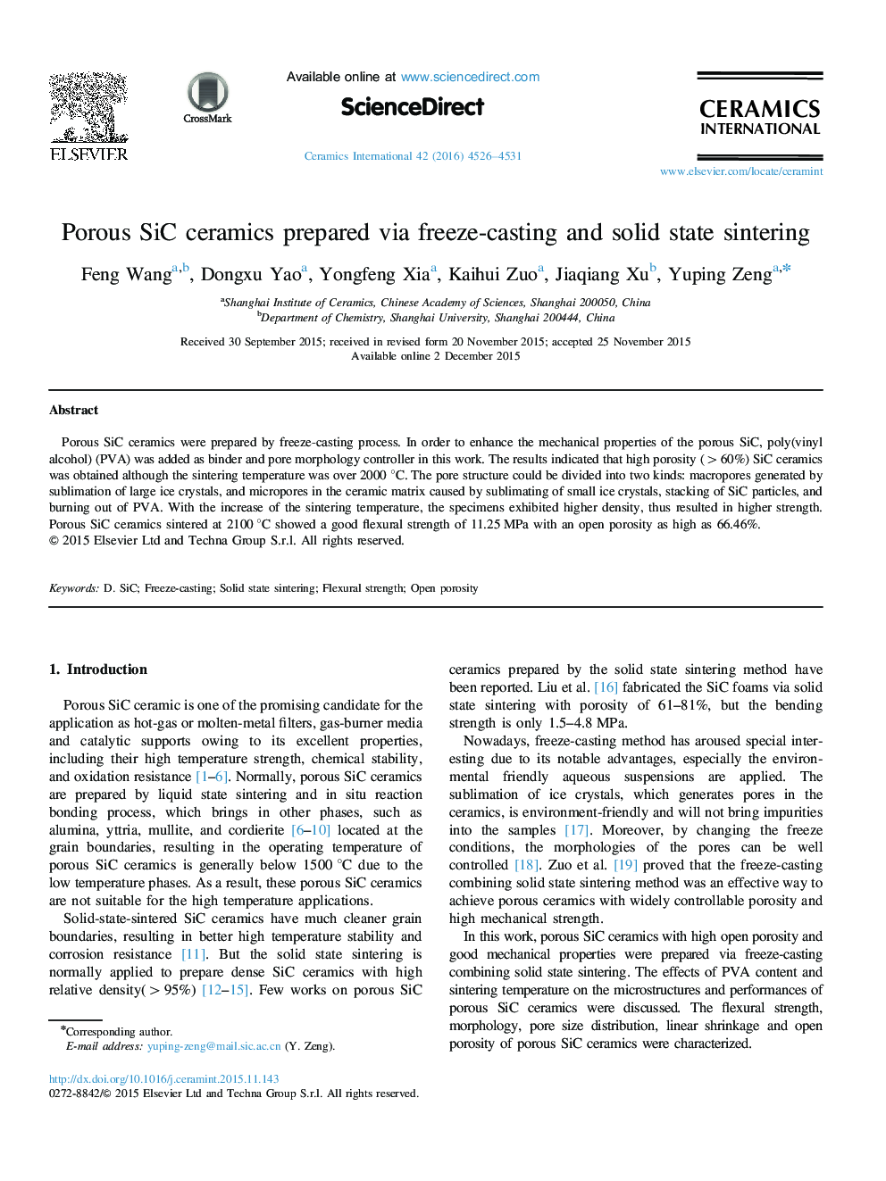 Porous SiC ceramics prepared via freeze-casting and solid state sintering