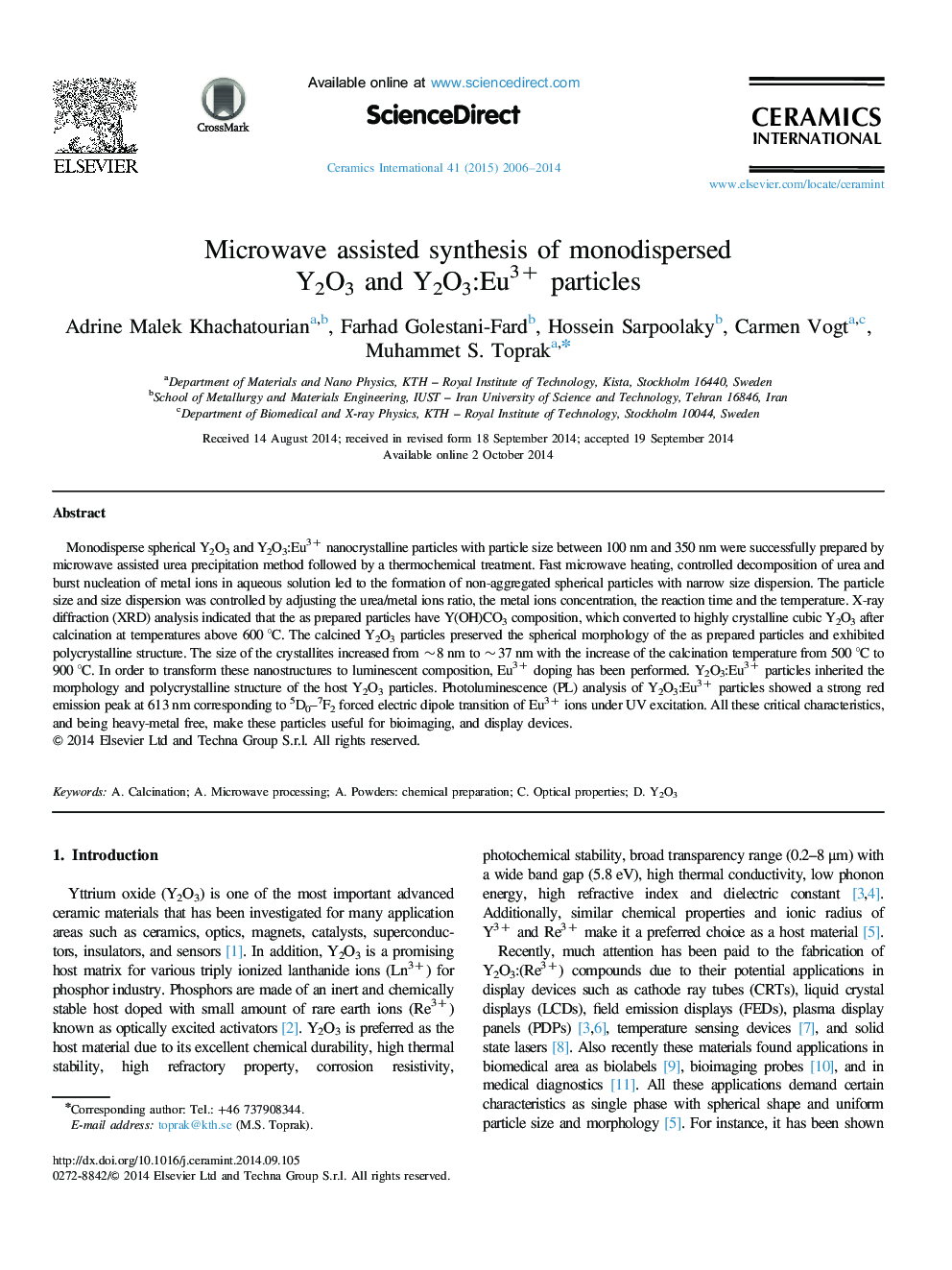 Microwave assisted synthesis of monodispersed Y2O3 and Y2O3:Eu3+ particles