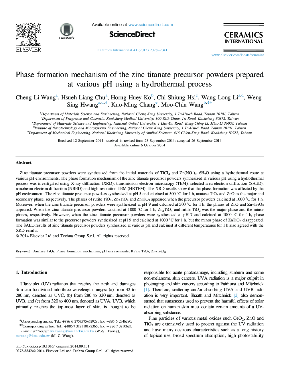 Phase formation mechanism of the zinc titanate precursor powders prepared at various pH using a hydrothermal process