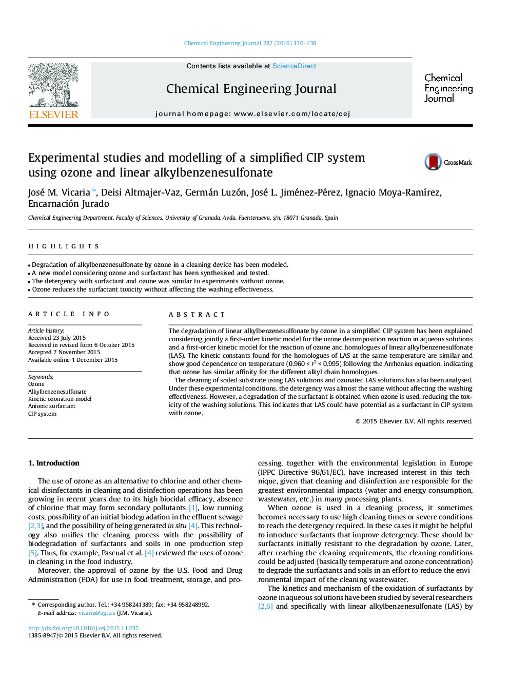 Experimental studies and modelling of a simplified CIP system using ozone and linear alkylbenzenesulfonate