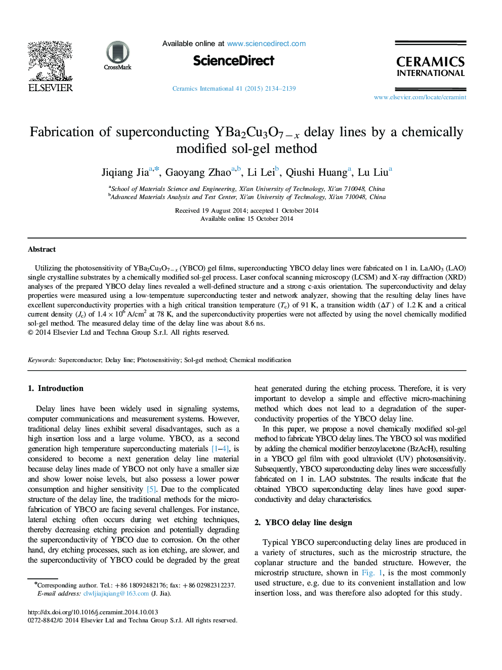 Fabrication of superconducting YBa2Cu3O7−x delay lines by a chemically modified sol-gel method