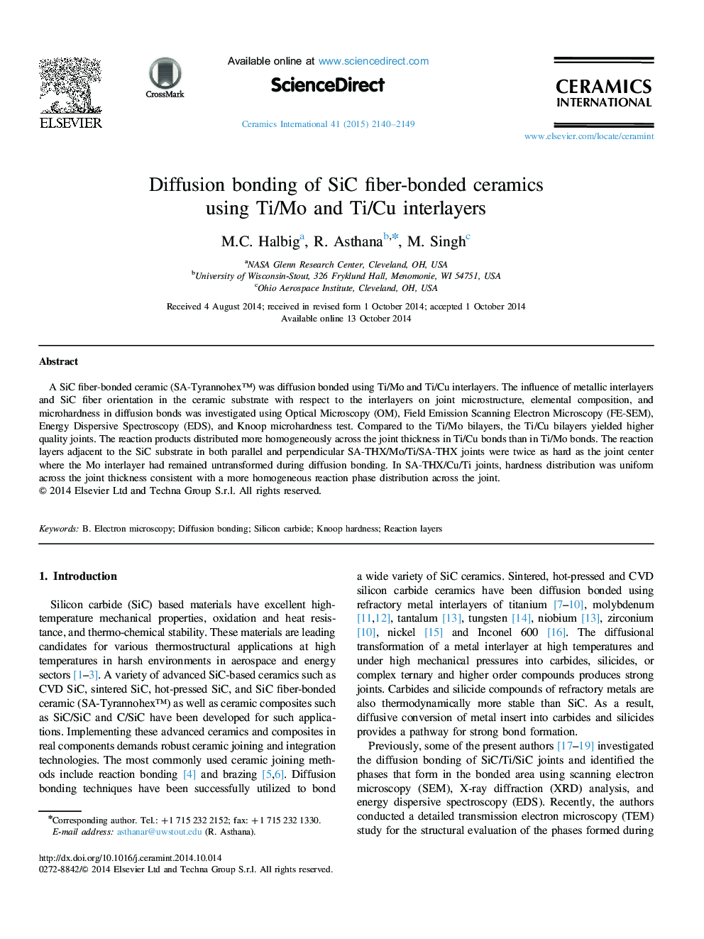 Diffusion bonding of SiC fiber-bonded ceramics using Ti/Mo and Ti/Cu interlayers