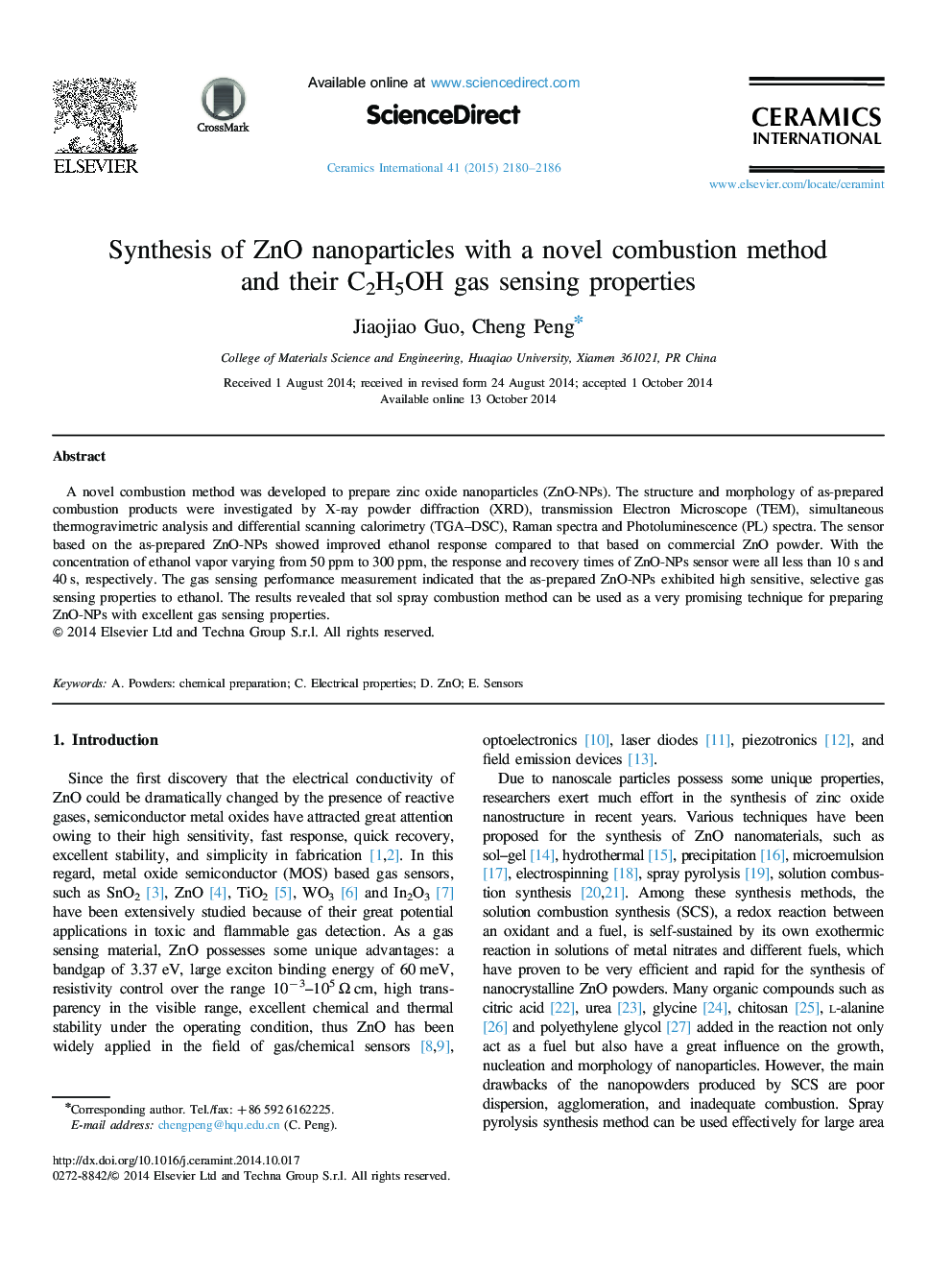 Synthesis of ZnO nanoparticles with a novel combustion method and their C2H5OH gas sensing properties