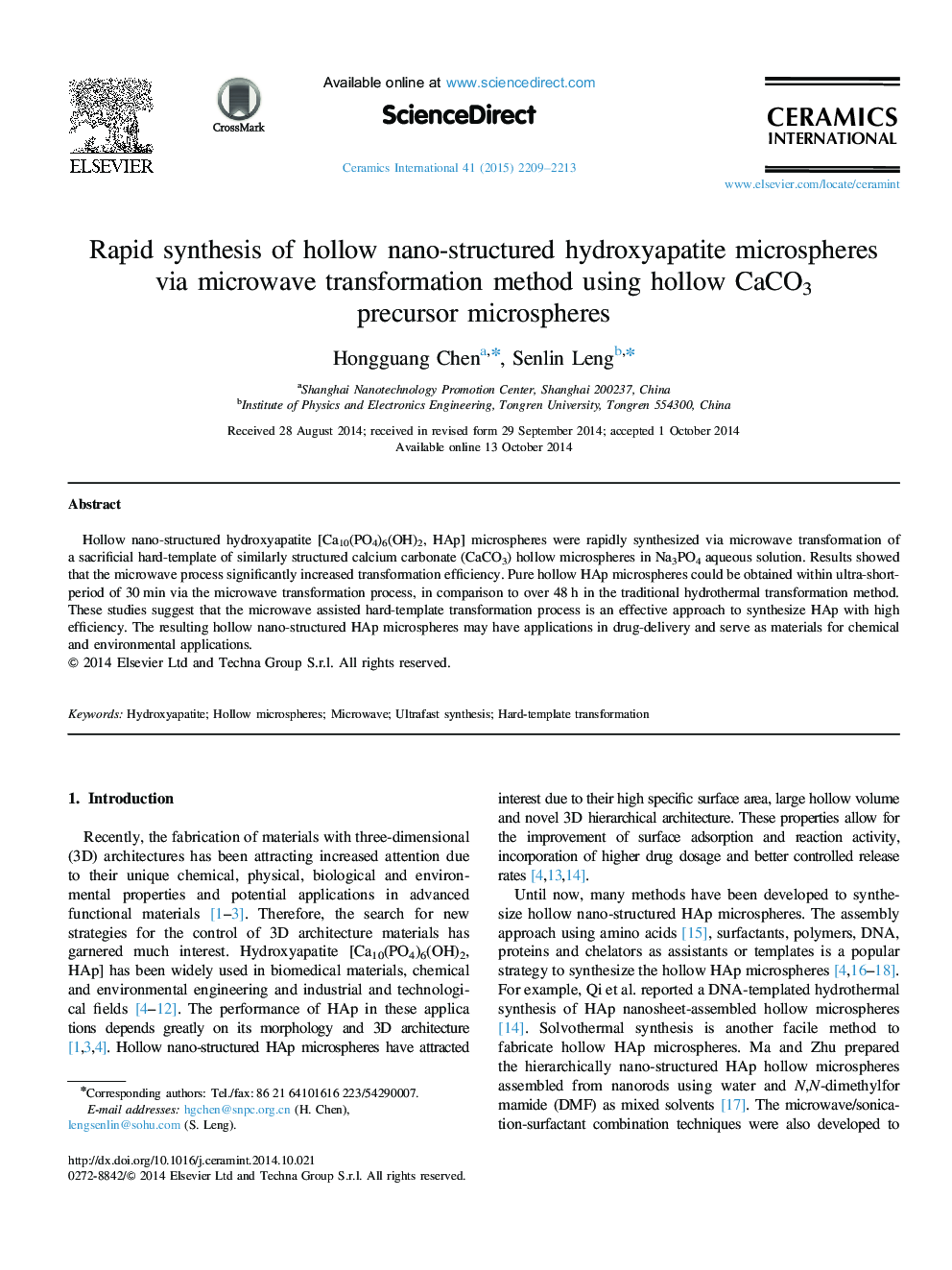 Rapid synthesis of hollow nano-structured hydroxyapatite microspheres via microwave transformation method using hollow CaCO3 precursor microspheres