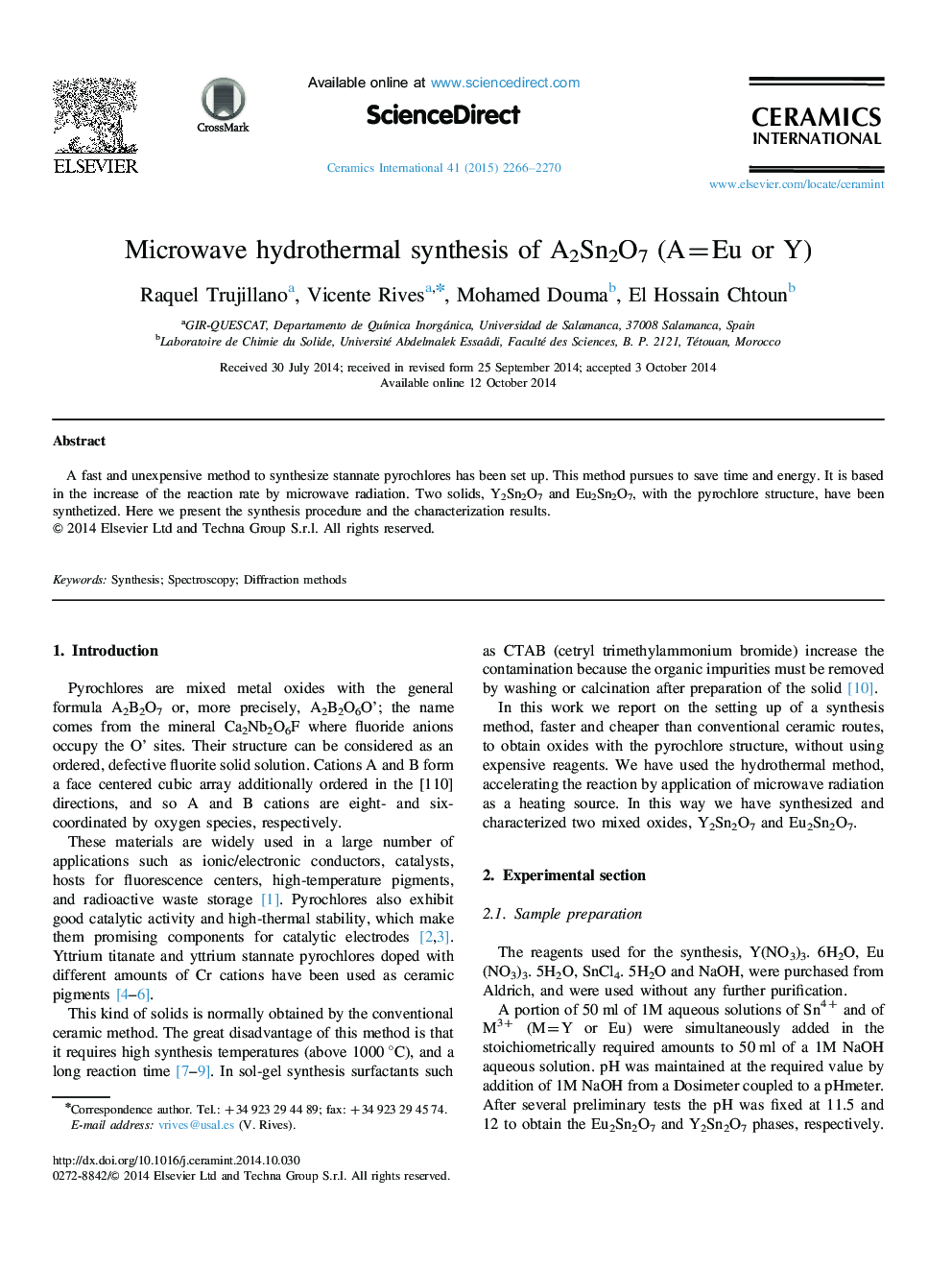 Microwave hydrothermal synthesis of A2Sn2O7 (A=Eu or Y)
