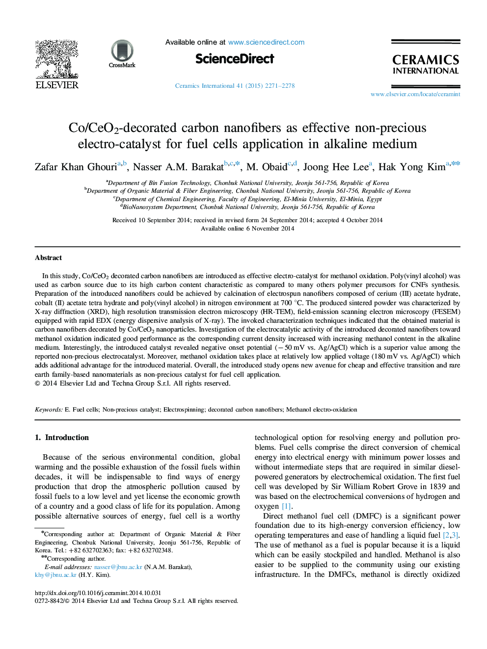 Co/CeO2-decorated carbon nanofibers as effective non-precious electro-catalyst for fuel cells application in alkaline medium