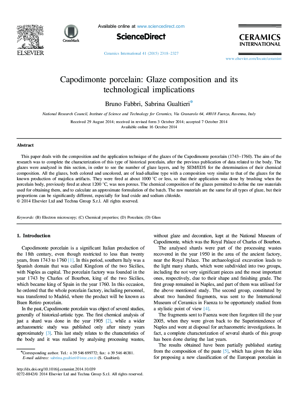 عکس صفحه اول مقاله: Capodimonte porcelain: Glaze composition and its technological implications Capodimonte porcelain: Glaze composition and its technological implications