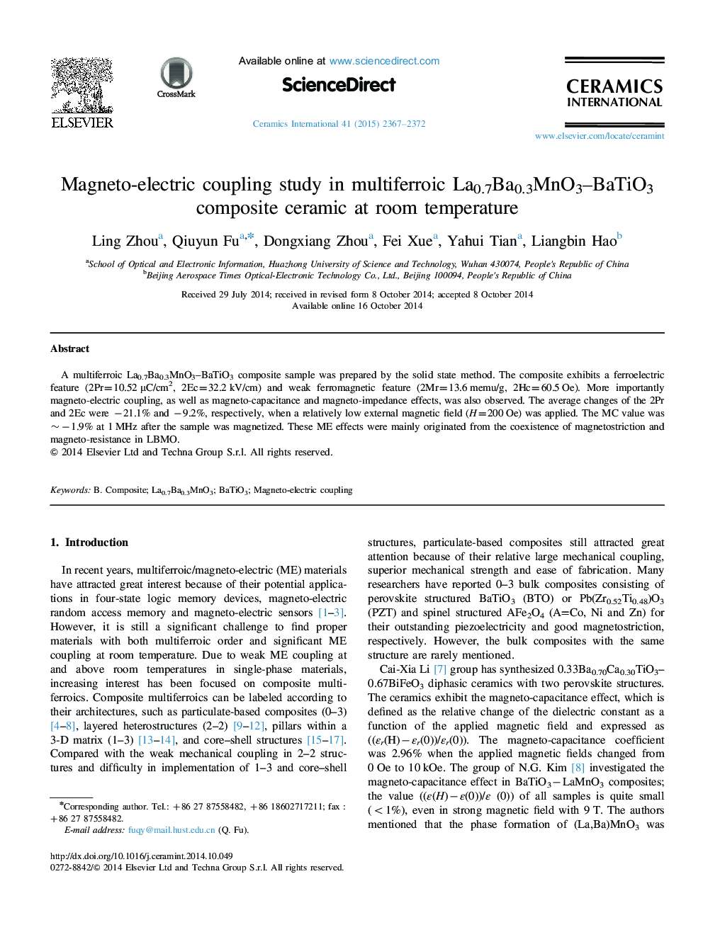 Magneto-electric coupling study in multiferroic La0.7Ba0.3MnO3–BaTiO3 composite ceramic at room temperature