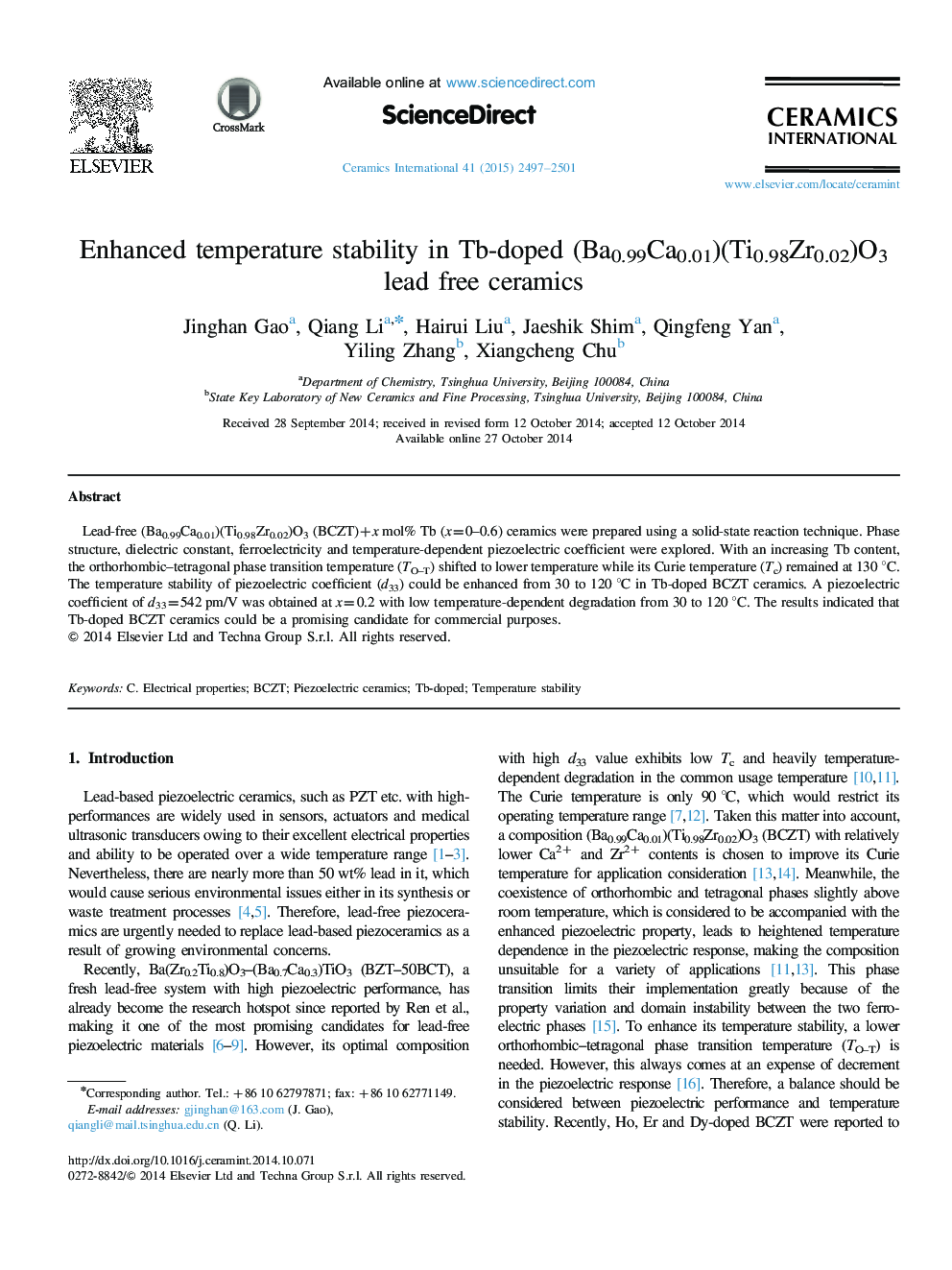 Enhanced temperature stability in Tb-doped (Ba0.99Ca0.01)(Ti0.98Zr0.02)O3 lead free ceramics