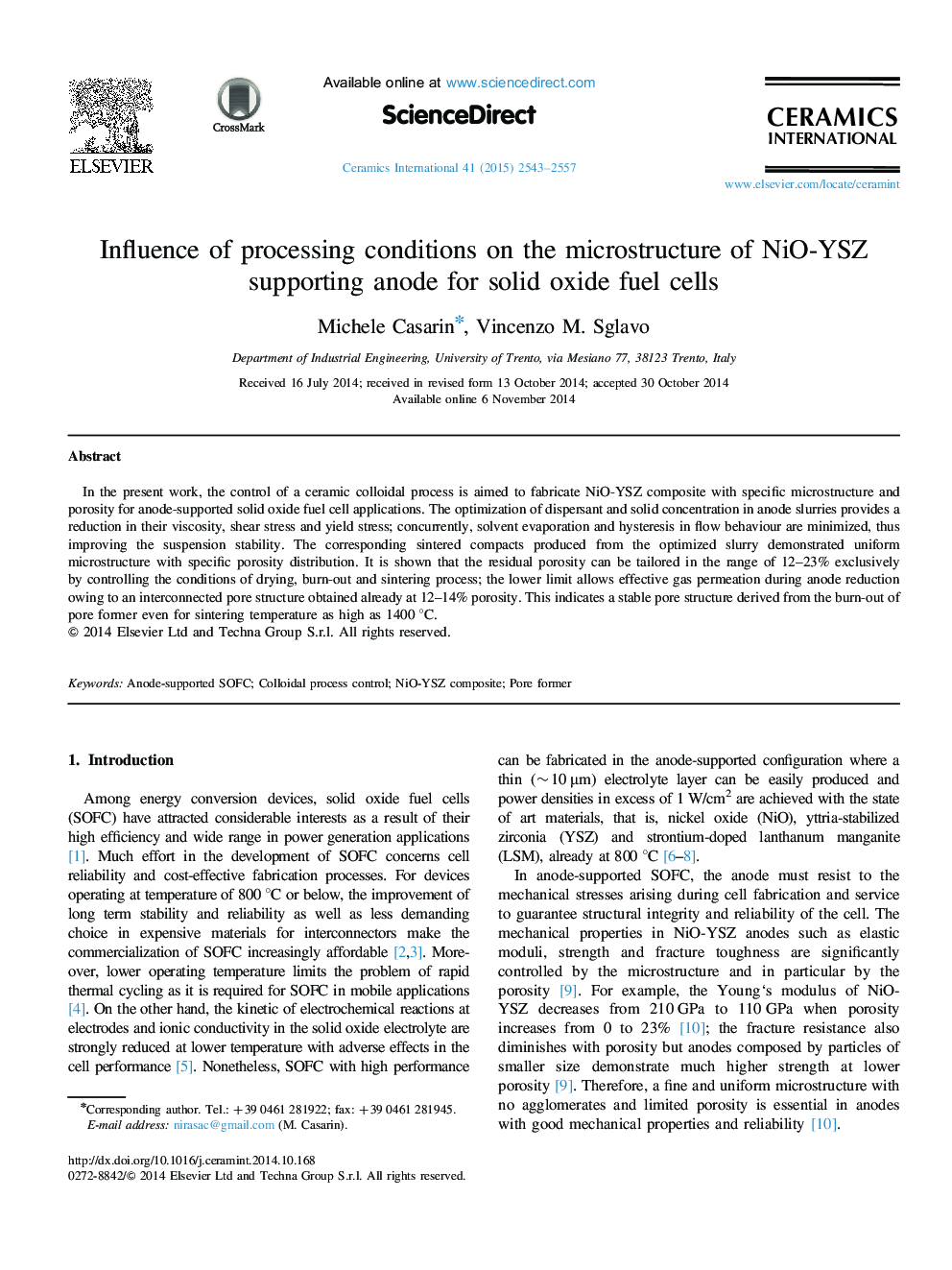 Influence of processing conditions on the microstructure of NiO-YSZ supporting anode for solid oxide fuel cells