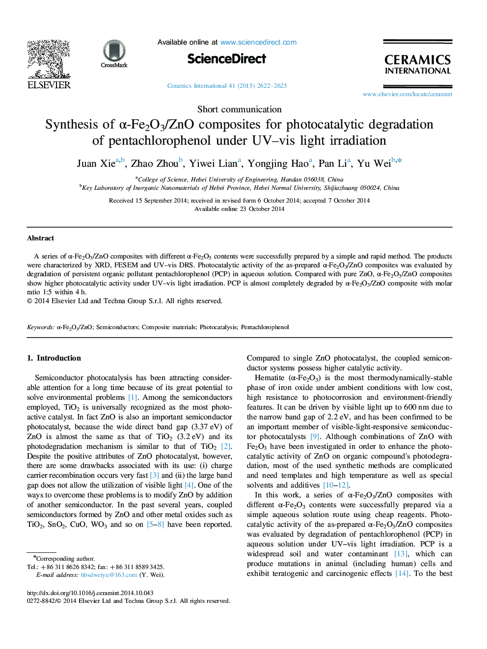 Synthesis of α-Fe2O3/ZnO composites for photocatalytic degradation of pentachlorophenol under UV–vis light irradiation