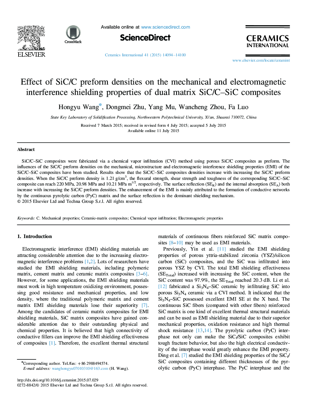 Effect of SiC/C preform densities on the mechanical and electromagnetic interference shielding properties of dual matrix SiC/C–SiC composites