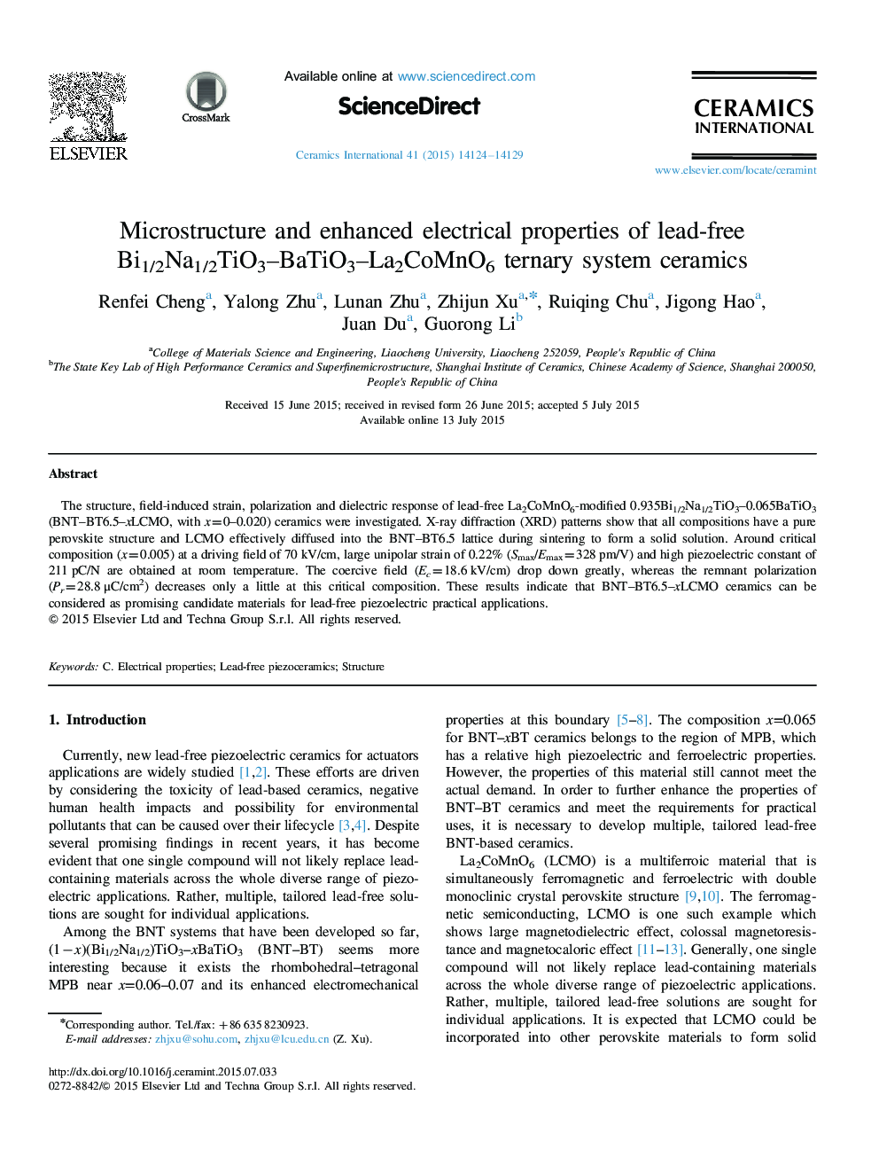 Microstructure and enhanced electrical properties of lead-free Bi1/2Na1/2TiO3–BaTiO3–La2CoMnO6 ternary system ceramics