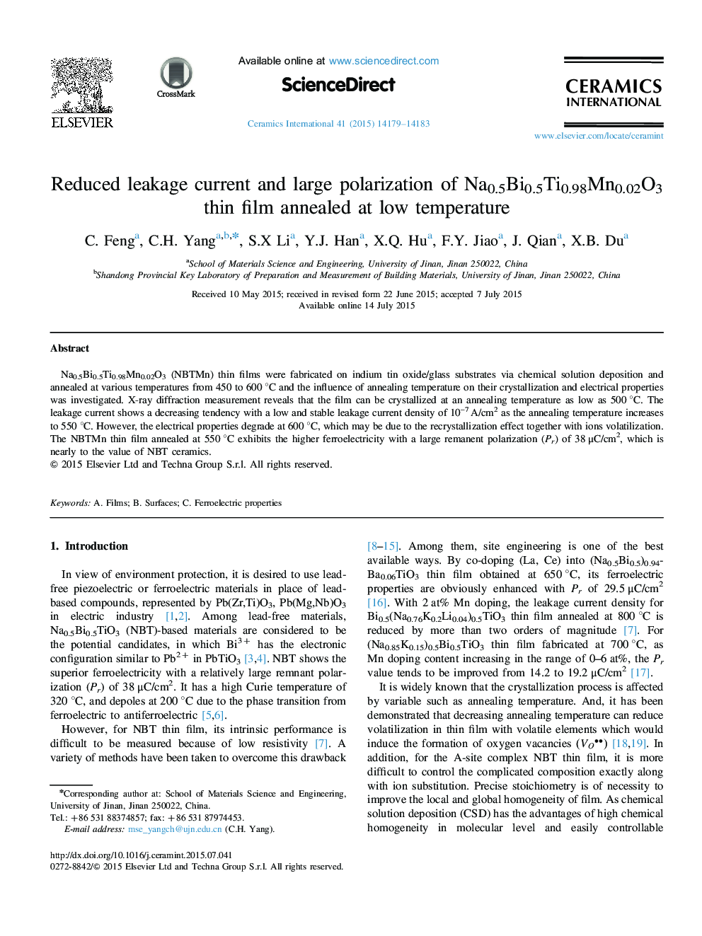 Reduced leakage current and large polarization of Na0.5Bi0.5Ti0.98Mn0.02O3 thin film annealed at low temperature