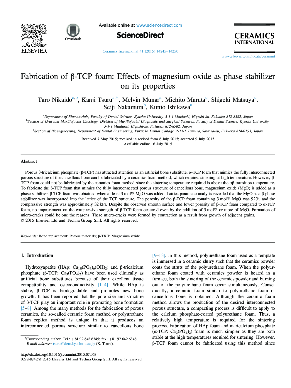 Fabrication of β-TCP foam: Effects of magnesium oxide as phase stabilizer on its properties