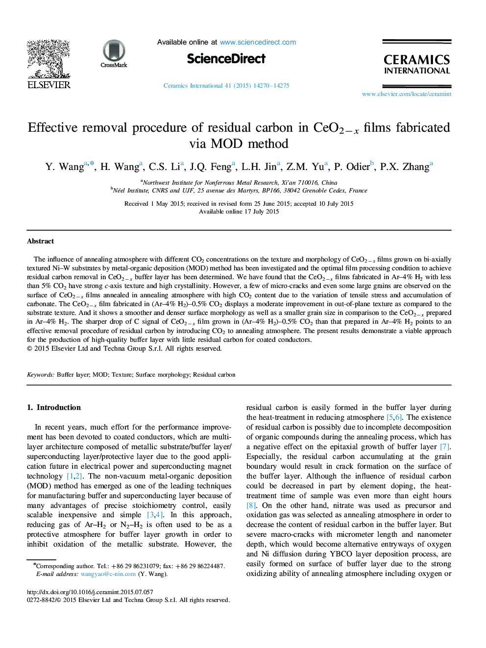 Effective removal procedure of residual carbon in CeO2−x films fabricated via MOD method