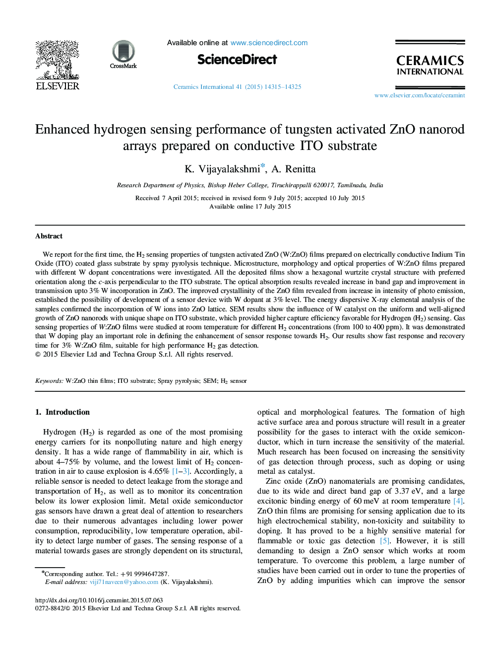 Enhanced hydrogen sensing performance of tungsten activated ZnO nanorod arrays prepared on conductive ITO substrate