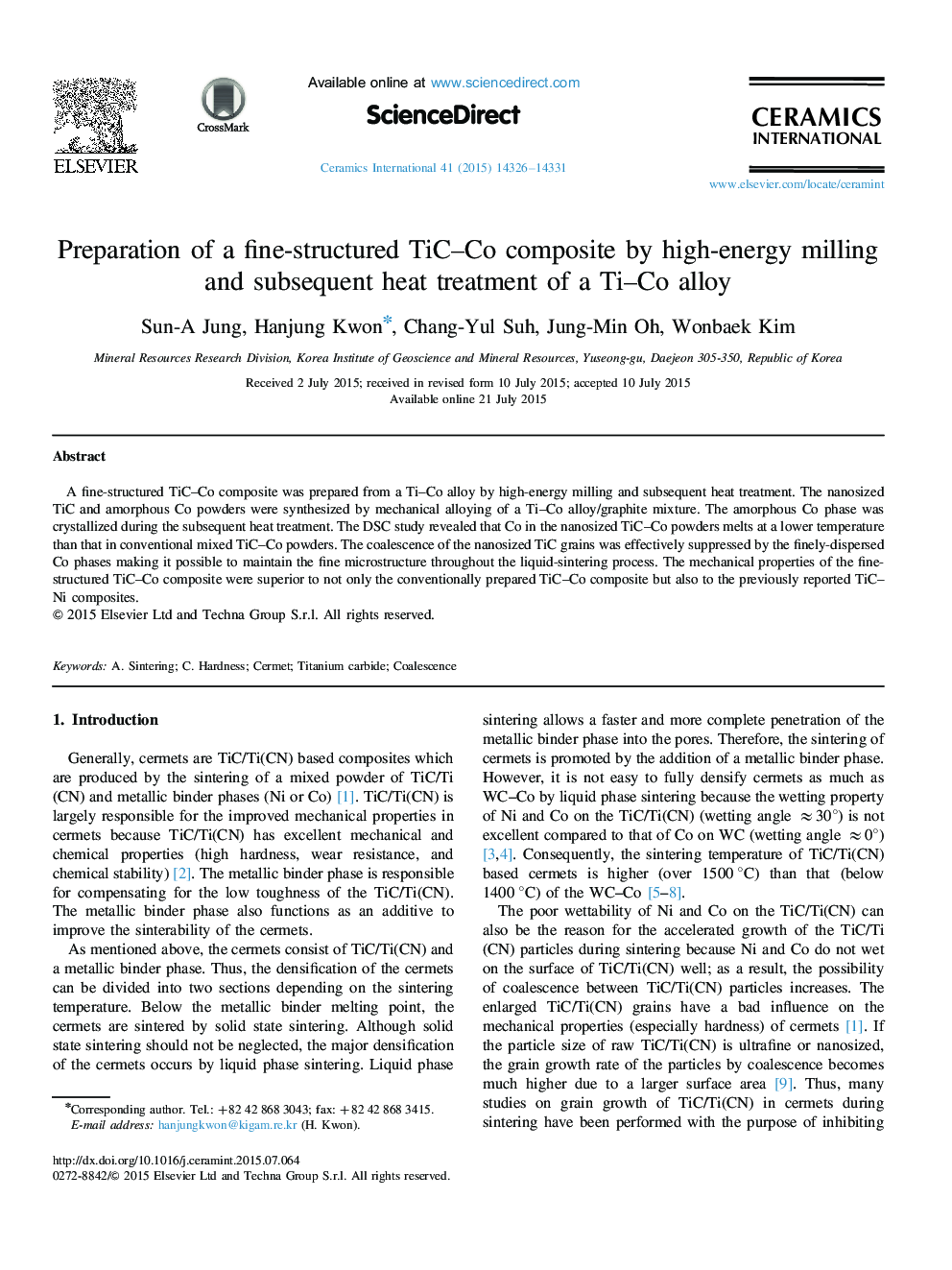 Preparation of a fine-structured TiC–Co composite by high-energy milling and subsequent heat treatment of a Ti–Co alloy