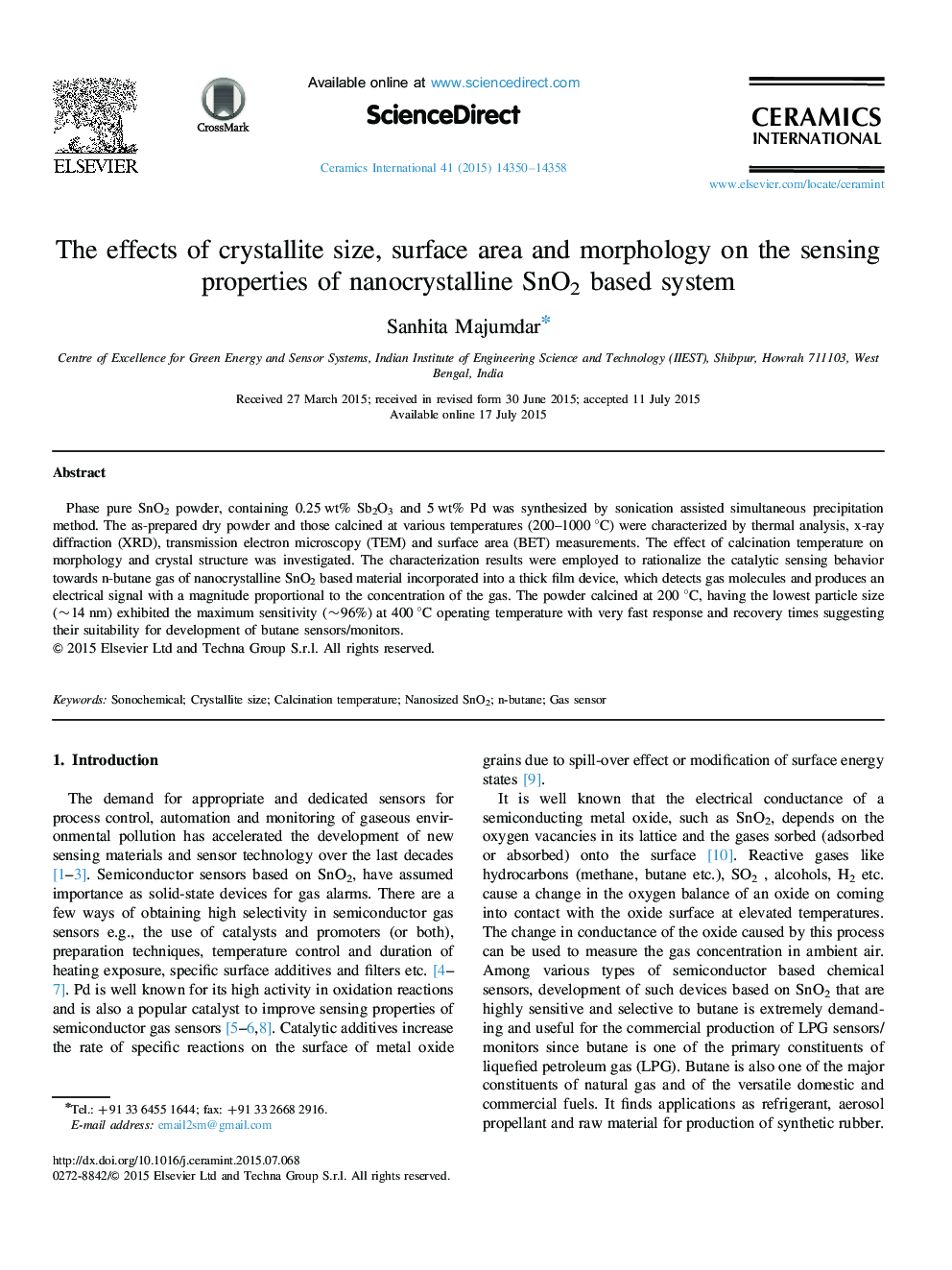 The effects of crystallite size, surface area and morphology on the sensing properties of nanocrystalline SnO2 based system