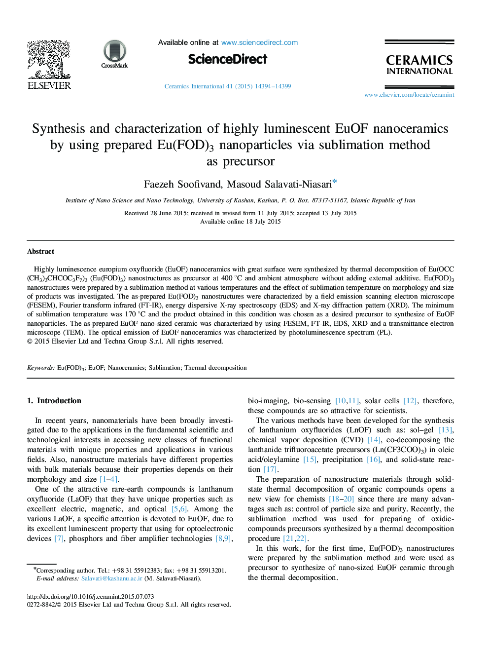 Synthesis and characterization of highly luminescent EuOF nanoceramics by using prepared Eu(FOD)3 nanoparticles via sublimation method as precursor