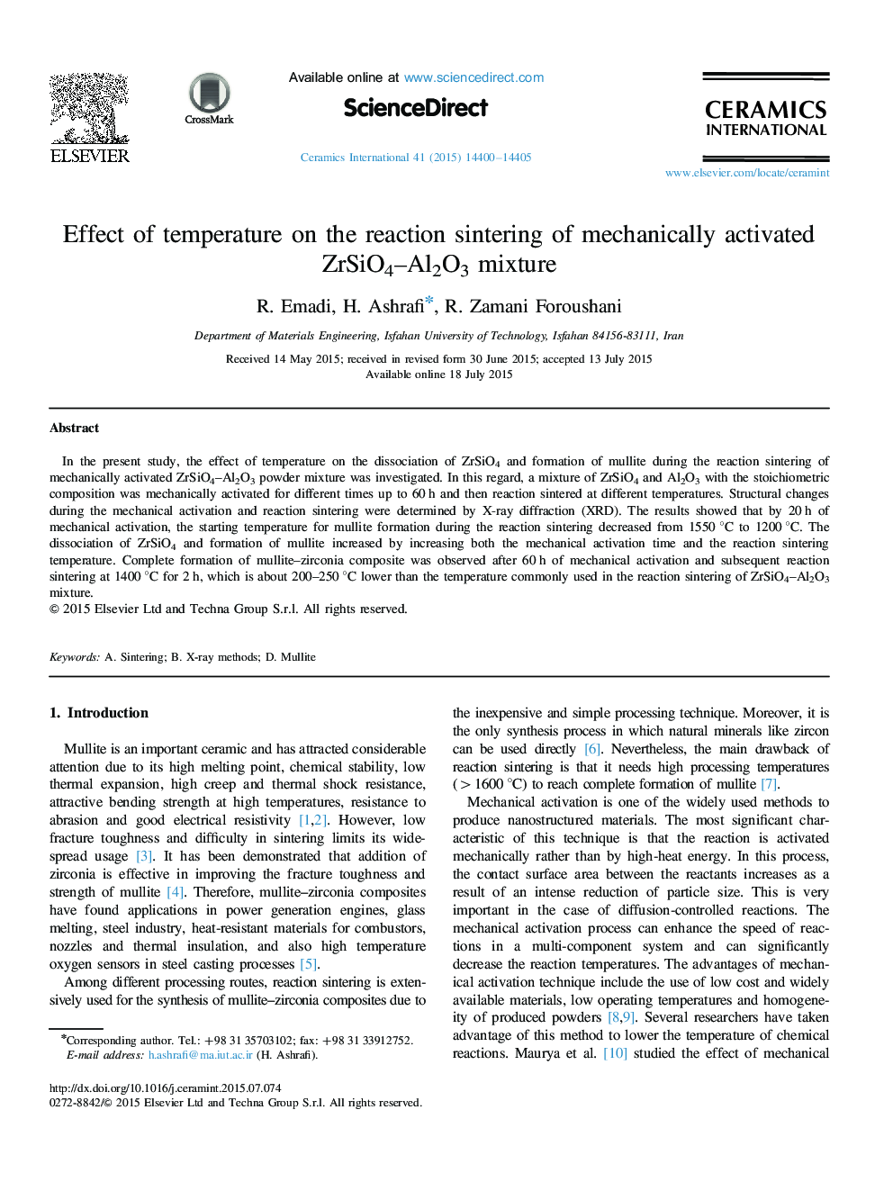 Effect of temperature on the reaction sintering of mechanically activated ZrSiO4–Al2O3 mixture