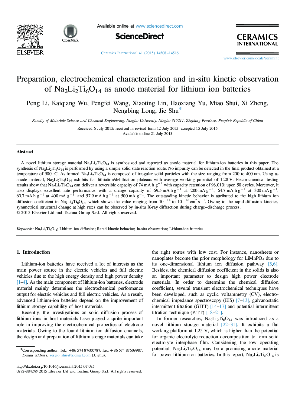 Preparation, electrochemical characterization and in-situ kinetic observation of Na2Li2Ti6O14 as anode material for lithium ion batteries