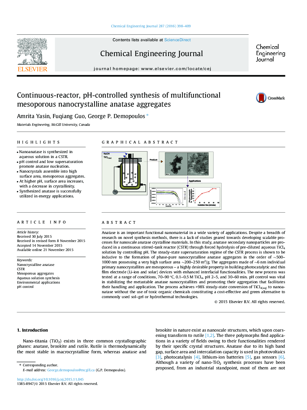 Continuous-reactor, pH-controlled synthesis of multifunctional mesoporous nanocrystalline anatase aggregates