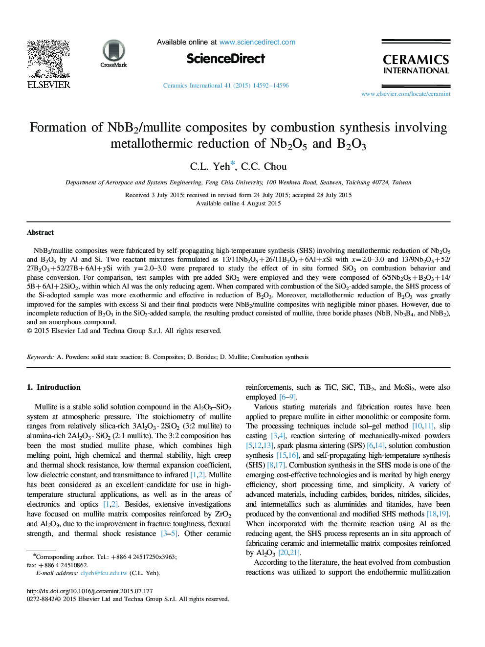 Formation of NbB2/mullite composites by combustion synthesis involving metallothermic reduction of Nb2O5 and B2O3